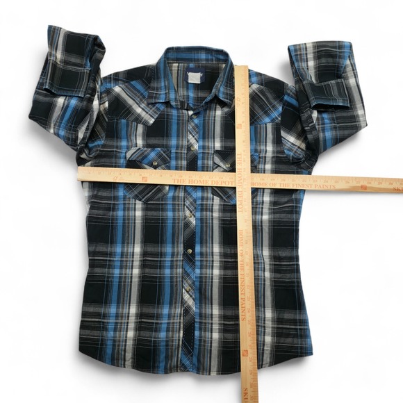 Wrangler Men's Large Blue Black Plaid Western Pearl Snap Shirt Long Sleeve Retro - Picture 7 of 8
